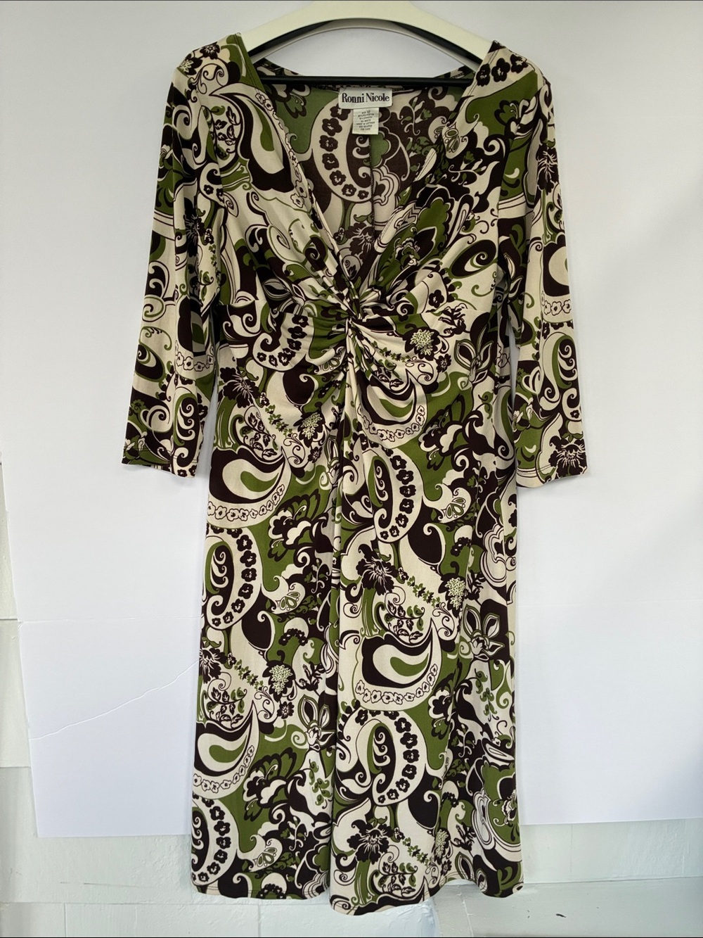 Vintage Ronni Nicole Twist-Front Paisley Midi Dress Green Brown Size 12